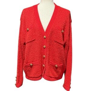 Chaus Knit Red Cardigan Gold Button Up Size Large Vintage Old Money Retro Cozy